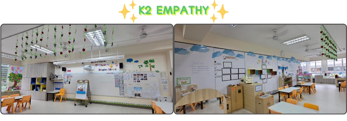 Two views of a bright kindergarten classroom labeled K2 Empathy, with small tables, whiteboards, and colorful ceiling decorations.